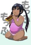 :t barefoot big_belly black_hair brown_eyes casual_one-piece_swimsuit dark_skin eating fat food food_on_face frills highres holding k-on! nakano_azusa one-piece_swimsuit seiza sitting solo swimsuit tan twintails yosida_komati 