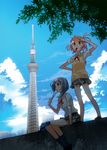  cloud day food food_in_mouth hand_on_hip kashi-k legs looking_afar mouth_hold multiple_girls original popsicle school_uniform shade shading_eyes sitting skirt sky socks tokyo_sky_tree tower tree_shade 