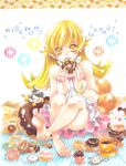  araragi_koyomi barefoot blonde_hair doughnut dress eating feet food long_hair miniboy monogatari_(series) nisemonogatari oshino_shinobu waka_(422972) yellow_eyes 