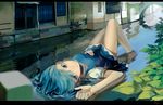  bad_id bad_pixiv_id bridge cirno city hand_on_own_stomach lying on_back par. partially_submerged smile solo touhou water 