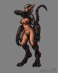  abs anthro armor biceps big_breasts breasts cat claws cybernetic cybernetic_limbs cybernetics cyborg digitigrade ears feline female flesh future futuristic grin gun huge_breasts implants machine machinery mammal mechanical muscles muscular_female neurodyne nipples nude plain_background pose pussy ranged_weapon sci-fi solo weapon 