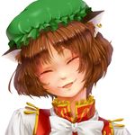  ameya_nihachi animal_ears brown_hair cat_ears chen closed_eyes face fangs hat head_tilt jewelry lips portrait short_hair single_earring smile solo touhou 