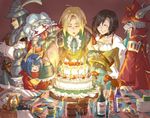  3boys 3girls adelbert_steiner armor bad_id bad_pixiv_id birthday_cake bottle bow breasts burmecian cake candle choker cleavage closed_eyes eiko_carol final_fantasy final_fantasy_ix food freija_crescent full_armor garnet_til_alexandros_xvii happy hat head_wings horn knife medium_breasts multiple_boys multiple_girls quina_quen vivi_ornitier yellow_bow zidane_tribal 