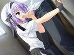  blue_eyes censored cum fellatio game_cg hinata_ibuki hoshizora_e_kakaru_hashi penis purple_hair pussy_juice short_hair 