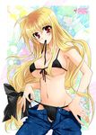  bikini blonde_hair blush bow breasts cleavage denim fate_testarossa front-tie_top hair_bow jeans kanna_(plum) large_breasts long_hair looking_at_viewer low-tied_long_hair lyrical_nanoha mahou_shoujo_lyrical_nanoha_strikers micro_bikini mouth_hold navel open_fly pants red_eyes side-tie_bikini sideboob solo swimsuit underboob undressing unzipped very_long_hair 