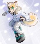  2018 anthro canine cheek_tuft clothed clothing crownedvictory digital_media_(artwork) dingo eyebrows fur green_eyes grin male mammal smile snow snowboarding solo tan_fur teeth tuft winter 