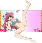  1girl barefoot bottomless bra breasts feet koihime_musou legs long_hair nude nude_filter photoshop pink_hair pussy ryuubi smile thighs toes uncensored underwear 