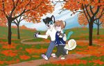  2018 ambiguous_gender anthro autumn black_hair blue_fur brown_hair canine clothed clothing crownedvictory digital_media_(artwork) dog duo fur grass hair mammal open_mouth outside pawpads tree walking white_fur 