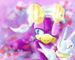  bandanna beak bird blue_eyes eyewear female multicolored_background one_eye_closed peace_sign purple purple_body purple_theme sega solo sonic_(series) sonic_riders sunglasses swallow_(bird) trana-girl426 v_sign wave_the_swallow wink 