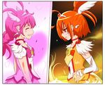  bad_id bad_pixiv_id blood bow choker cure_happy cure_sunny cuts earrings grin hair_bun highres hino_akane_(smile_precure!) hoshizora_miyuki injury jewelry long_hair multiple_girls orange_choker orange_eyes orange_skirt pink_bow pink_choker pink_hair precure red_eyes skirt smile smile_precure! takesyun tears tiara 