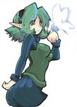  ass blue_eyes blue_lipstick breasts bug butterfly covered_nipples green_hair hairband insect lipstick makeup medium_breasts pointy_ears saria sho-n-d short_hair solo the_legend_of_zelda the_legend_of_zelda:_ocarina_of_time turtleneck twisted_torso 