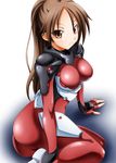  ass bad_id bad_pixiv_id bodysuit breasts brown_eyes brown_hair guilty_crown highres large_breasts long_hair ponytail shinomiya_ayase sitting solo sumeragi_tomo 