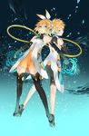  1girl 2d aqua_eyes blonde_hair breasts brother_and_sister elbow_gloves gloves hair_ornament hair_ribbon hairclip highres kagamine_len kagamine_rin ribbon short_hair siblings small_breasts thighhighs twins vocaloid vocaloid_append zettai_ryouiki 