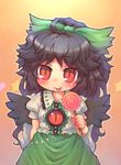  :p ahoge black_hair black_wings blush bow candy cape food hair_bow lollipop long_hair red_eyes reiuji_utsuho sankuma solo third_eye tongue tongue_out touhou upper_body wings younger 