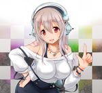  asahi_yanagi bare_shoulders breasts checkered checkered_background headphones jewelry large_breasts necklace nitroplus pink_hair red_eyes short_hair solo super_sonico suspenders 