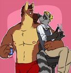 bottle canine chair comb dog duo gay german_shepherd hammer_(character) male mammal neil nipples raccoon scissors size_difference topless vasuki water 