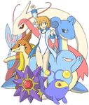  1girl alternate_hairstyle arm_up bad_id bad_pixiv_id clenched_hands creature flat_chest floatzel gen_1_pokemon gen_2_pokemon gen_3_pokemon gen_4_pokemon green_eyes jacket kasumi_(pokemon) lanturn lapras leg_up milotic one-piece_swimsuit open_mouth orange_hair pokemon pokemon_(creature) pokemon_(game) pokemon_hgss pontaaaaa quagsire raised_fist red_eyes red_sclera sandals short_hair simple_background smile starfish starmie swimsuit white_background 