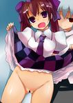  assisted_exposure blush brown_hair censored checkered checkered_skirt himekaidou_hatate inubashiri_momiji multiple_girls necktie no_panties open_mouth purple_eyes pussy red_eyes sawamura_hikaru short_hair silver_hair skirt skirt_lift smile touhou twintails 