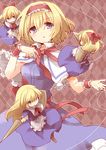  1girl alice_margatroid apron arms_up blonde_hair blue_dress blue_eyes blush bow capelet doll dress hair_bow hairband jewelry lance long_hair polearm puppet_rings puppet_strings ring sash shanghai_doll shield short_hair solo string touhou weapon wrist_cuffs 
