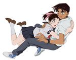  1girl bad_id bad_pixiv_id blue_sailor_collar brown_hair couple hattori_heiji hetero hug long_hair meitantei_conan mochizuki_(wakadori) official_style ponytail sailor_collar school_uniform serafuku short_hair tooyama_kazuha 