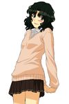  amagami arms_behind_back black_hair black_skirt blush grey_eyes hands_together highres kibito_high_school_uniform long_hair long_sleeves o-de open_mouth own_hands_together pleated_skirt school_uniform skirt smile solo sweater tanamachi_kaoru wavy_hair 