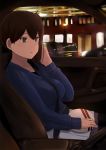  1girl alternate_costume between_breasts black_legwear black_shirt blue_sweater blush box breasts brown_eyes brown_hair car car_interior chocolate collarbone driving from_side fuyube_gin_(huyube) gift gift_box grey_skirt ground_vehicle hand_on_lap highres kaga_(kantai_collection) kantai_collection large_breasts long_hair long_sleeves looking_ahead motor_vehicle open_mouth pantyhose ribbed_sweater seatbelt shirt side_ponytail sitting skirt solo sweater valentine white_skirt 