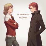  baccano! barnaby_brooks_jr belt blonde_hair claire_stanfield copyright_name crossed_arms crossover eye_contact glasses green_eyes jacket looking_at_another lunarclinic morita_masakazu multiple_boys red_eyes red_hair red_jacket seiyuu_connection short_hair tiger_&amp;_bunny trench_coat 