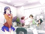  4girls akizuki_ryou blazer blush crossdressing dearly_stars dress hidaka_ai idolmaster idolmaster_dearly_stars jacket long_hair mizutani_eri multiple_girls okamoto_manami open_mouth otoko_no_ko outstretched_hand paper reaching riyo_(riyontoko) school_uniform short_hair silhouette skirt smile sweatdrop 