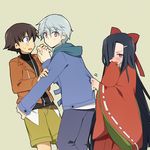  2boys akise_aru amano_yukiteru bad_id bad_pixiv_id belt black_hair blue_eyes blush bow hair_bow hair_ornament hair_over_one_eye hands_clasped holding jacket japanese_clothes kasugano_tsubaki long_hair mirai_nikki multiple_boys no_hat no_headwear own_hands_together purple_eyes purple_hair red_eyes shacttainw shirt_tug shorts very_long_hair white_hair 