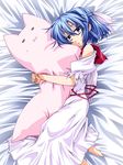  :3 =_= bare_shoulders barefoot blue_hair dakimakura_(object) half_updo hemogurobin_a1c highres lying mai_(touhou) on_side pillow pillow_hug purple_eyes short_hair smile solo touhou touhou_(pc-98) 