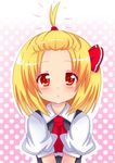  alternate_hairstyle bad_id bad_pixiv_id blonde_hair forehead high_ponytail looking_at_viewer red_eyes rumia shinekalta short_hair solo touhou upper_body v_arms 
