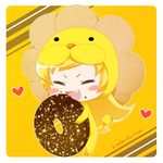  bad_id bad_pixiv_id blonde_hair blush_stickers chibi closed_eyes cosplay doughnut fang food golden_chocolate long_hair mister_donut monogatari_(series) nisemonogatari oshino_shinobu pon_de_lion pon_de_lion_(cosplay) solo tottsuan 