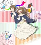  1boy 1girl basket bride brown_eyes brown_hair carrying couple dress eyes_closed fang formal gloves holding long_hair munna oshawott pokemon pokemon_(game) pokemon_bw princess_carry ribbon suit swablu touko_(pokemon) touya_(pokemon) tuxedo wedding wedding_dress yamask 