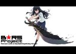  black_gold_saw black_hair black_legwear black_rock_shooter brown_eyes hjl irino_saya king_saw kneehighs letterboxed long_hair mole mole_under_mouth school_uniform serafuku skirt solo sword weapon 