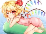  baku-p barefoot blonde_hair feet flandre_scarlet inflatable_toy one-piece_swimsuit pink_swimsuit red_eyes short_hair soles solo swimsuit touhou water wings 