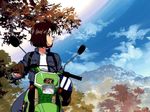  aa_megami-sama brown_hair cloud day forest fujishima_kousuke ground_vehicle helmet morisato_megumi motor_vehicle motorcycle mountain nature 