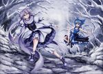  alternate_costume cirno dress hair_ribbon letty_whiterock multiple_girls pointy_ears ribbon sandals scarf scenery shoes short_hair skyspace sneakers snow touhou tree wings winter 