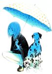  dalmatian dog full_body highres original parasol partially_colored polka_dot polka_dot_umbrella shirt short_hair skirt solo sousou_(sousouworks) squatting umbrella 