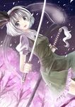  cherry_blossoms dress headband highres hitodama katana konpaku_youmu konpaku_youmu_(ghost) miyakure petals short_hair silver_hair solo sword touhou weapon 