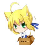  ahoge animal_ears artoria_pendragon_(all) blonde_hair blush box cardboard_box cat_ears chibi fate/stay_night fate_(series) green_eyes hair_ribbon in_box in_container kemonomimi_mode mikan_box ribbon rubii saber solo 