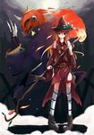 bad_id bad_pixiv_id bell blonde_hair detached_sleeves hat highres hrd long_hair monster night original pumpkin smile solo thighhighs witch witch_hat 