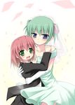  blue_eyes blush bride dress elbow_gloves gloves green_eyes green_hair hug iwasaki_minami kobayakawa_yutaka lucky_star multiple_girls red_hair role_reversal tekehiro wedding_dress 