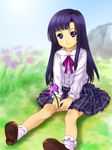  bangs blunt_bangs bow flower highres kuhouin_murasaki kure-nai long_hair mutsuki_(moonknives) purple_eyes purple_hair skirt solo 
