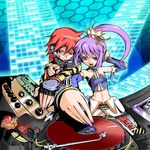  1girl bare_shoulders detached_sleeves dj fingerless_gloves gloves long_hair midriff mikage_baku mixing_console original phonograph ponytail purple_eyes purple_hair red_eyes red_hair short_hair skirt turntable 