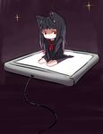  animal_ears bad_id bad_pixiv_id black_hair chibi earrings hrd jewelry long_hair original red_eyes school_uniform sitting solo tablet_pc 