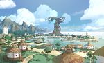  boat cloud day fantasy highres house landscape leaf mountain ocean outdoors pier scenery sky tougetsu_gou tree watercraft zoids zoids_genesis 