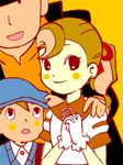  2boys artist_request blush flora_reinhold gloves hat hershel_layton luke_triton multiple_boys open_mouth ponytail professor_layton short_ponytail smile 