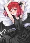  armpits arms_up bat_wings black_dress demon_girl dress duplicate head_wings kagura_mizuki koakuma looking_at_viewer lying on_back red_eyes red_hair solo touhou wings 