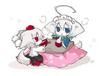  ahoge angeltype animal_ears blue_eyes chibi dog_ears dog_tail duplicate inu_sakuya inubashiri_momiji izayoi_sakuya kotatsu multiple_girls red_eyes table tail touhou wolf_ears 