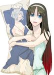  dakimakura_(object) hands hug japanese_clothes kuroi multicolored_hair open_clothes open_mouth pajamas pillow pillow_hug red_eyes short_hair solo toono_akiha toono_shiki_(2) tsukihime white_hair 